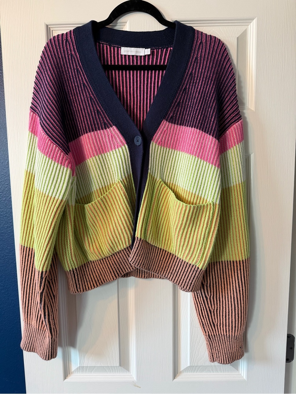 Jonathan Simkhai Multicolor Striped V-Neck Cardigan in Pink, Lime, Navy & Tan